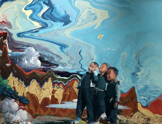 § Jamie Muir Photorealistic boys in an landscape 68 x 93.5in.